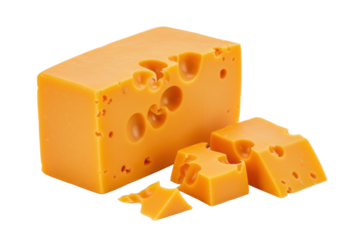 A block of vibrant orange cheddar cheese with small holes, accompanied by a few broken pieces, front angled view, isolated on white background