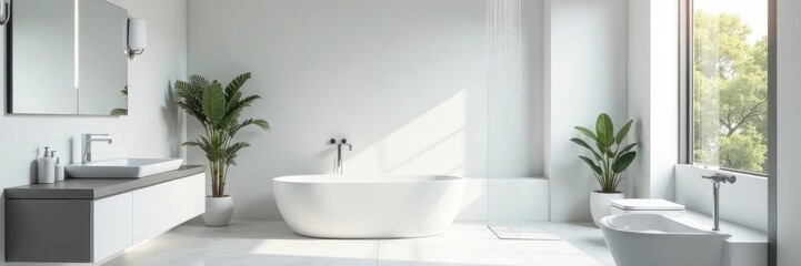 Spacious white bathroom, gray accents, rainfall shower, bathroom, bathtub