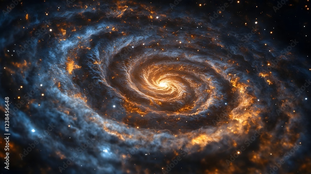 Poster Mesmerizing Spiral Galaxy Unveiling the Cosmic Wonders of the Universe   A captivating image of a swirling luminous galaxy against the backdrop of a vast star studded sky