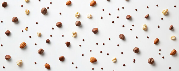 Creative flat lay of assorted nuts and chocolate pieces arranged abstractly, showcasing variety of textures and colors, perfect for food photography and culinary inspiration