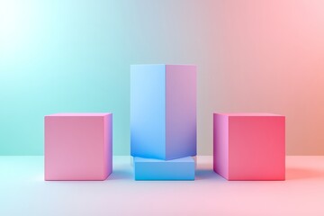 Obraz premium Minimalist product display mockup with pastel pink and blue theme, three empty cube podiums against light green gradient backdrop.