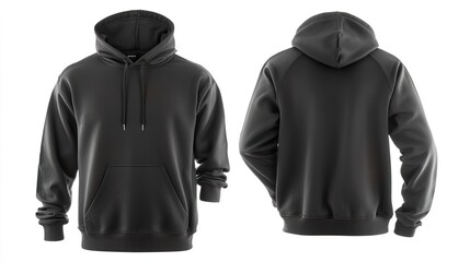 Black Hoodie Front and Back View on Isolated Background