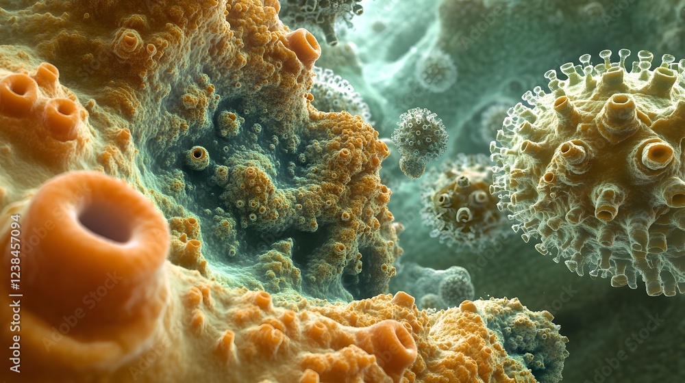 Poster Microscopic view revealing the intricate colorful and abstract patterns and structures of viral or bacterial microorganisms under high magnification  A scientific