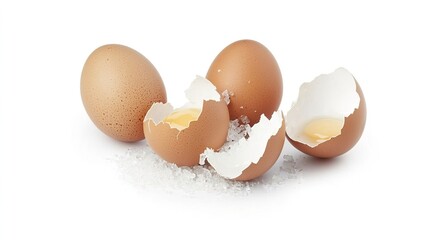 Fresh Brown Eggs with Broken Shells and Sea Salt on White Surface