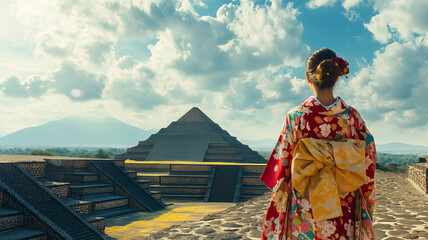 テオティワカンのピラミッドと着物女性、歴史の鼓動に触れる瞬間