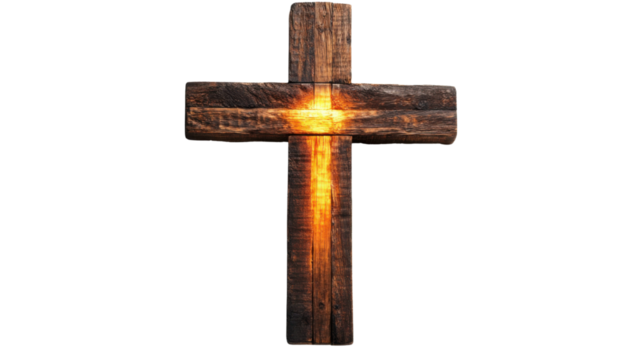 Glowing wooden christian cross on transparent background symbolizing hope and faith