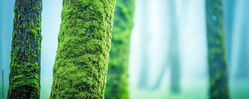 Poster Misty forest nature idea. Serene forest scene with moss-covered trees in a mystical fog.
