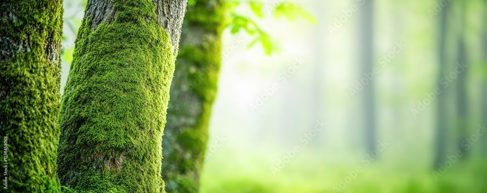 Poster Misty forest nature idea. Serene forest scene showcasing vibrant trees and moss-covered trunks in soft light.