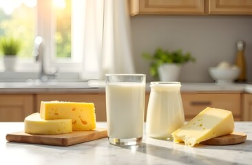 Fresh organic dairy products including milk and cheese on wooden board, complemented by delicate flower arrangement. warm light creates cozy atmosphere