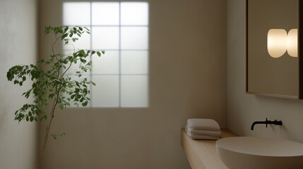 Fototapeta premium A bathroom with a window and a plant. The bathroom is clean and well-lit. The plant adds a touch of nature to the space, making it feel more inviting and relaxing