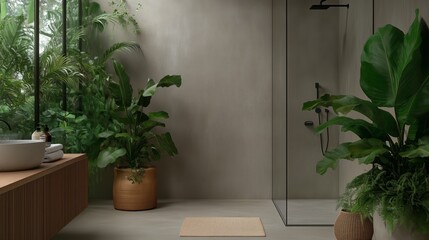 A bathroom with a large window and a glass shower. The bathroom is decorated with plants and a wooden vanity