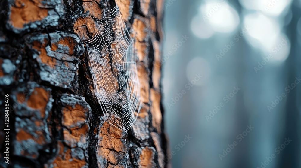 Aufkleber Misty forest nature idea. A close-up view of textured tree bark with a soft-focus forest background.