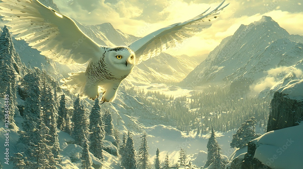 Poster a snow-capped mountain range with a flying owl in the foreground and snow-covered trees in the backg