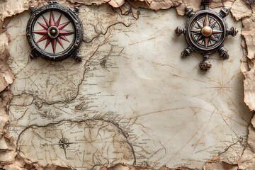 Antique Compass and Aged Parchment Map Background