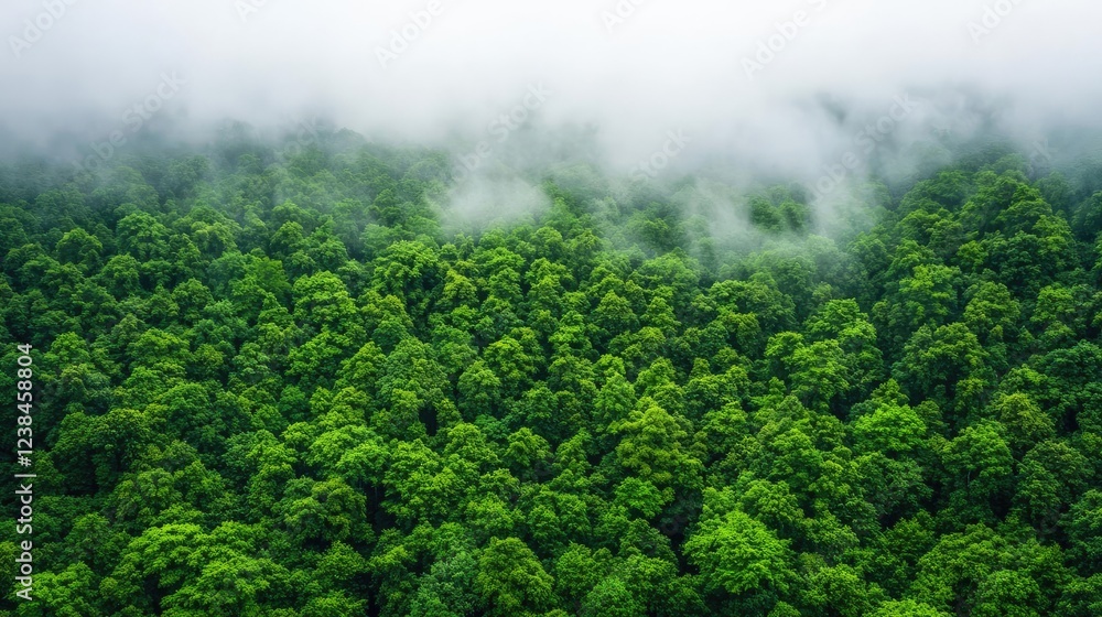 Poster misty forest nature idea. aerial view of a lush green forest enveloped in soft mist capturing nature