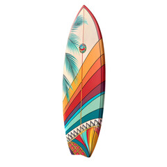 Vibrant colorful surfboard design tropical palm summer beach waves ocean on transparent background