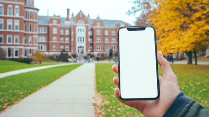 Person holding a smartphone. Design mock up. Hand holding blank screen phone in front of the student campus environment
