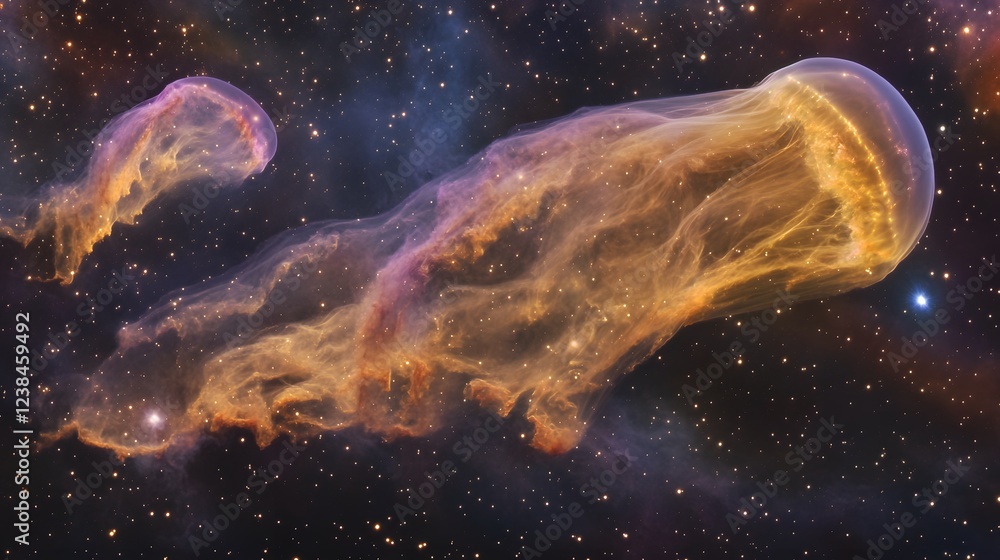 Poster vibrant cosmic nebula explosion with swirling clouds of colorful glowing gas and dust creating a mes