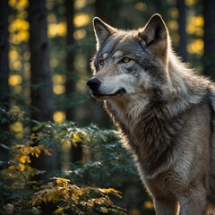Obraz premium Gray Wolf Standing in a Forest Clearing. wolf in the forest. 