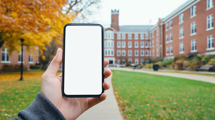 Person holding a smartphone. Hand holding a blank screen phone in front of the student campus background, mock up