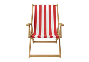 A red-and-white striped deck chair with a wooden frame, front angled view, isolated on white background