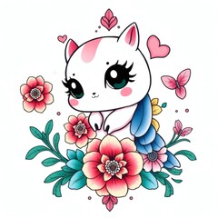 Cute cartoon cat surrounded by colorful flowers and butterflies in a cheerful design suitable for kids