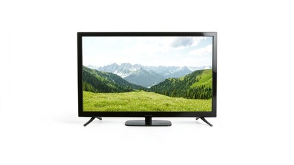 Fototapeta premium Landscape on Television Screen with Mountains and Green Field