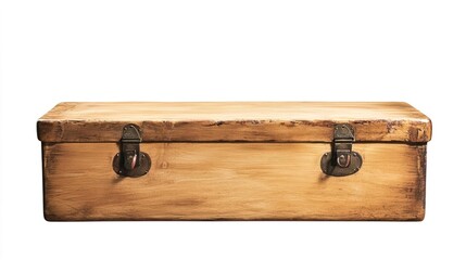 Rustic Wooden Box with Metal Latches on White Background