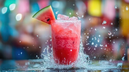 A fresh watermelon juice with ice, water splashes surrounding it, set against the vibrant backdrop of a Thai street market