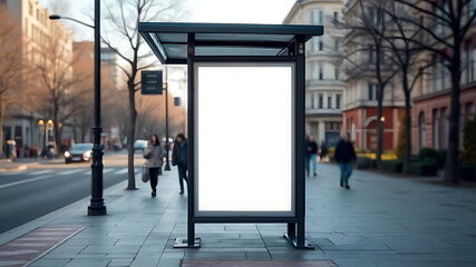 Realistic empty outdoor advertising billboard mockup, Featuring a modern bus shelter with prime marketing banner space in the heart of the city