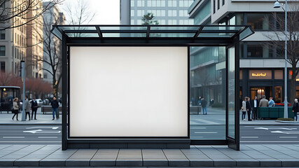 Realistic empty outdoor advertising billboard mockup, Featuring a modern bus shelter with prime marketing banner space in the heart of the city