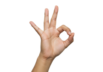 A hand making the "OK" gesture, with fingers forming a circle, front view, isolated on white background, no depth of field, sharp.