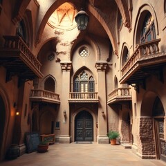 Naklejka premium Architectural beauty of an ancient courtyard featuring intricate stonework and arched windows in a historic building