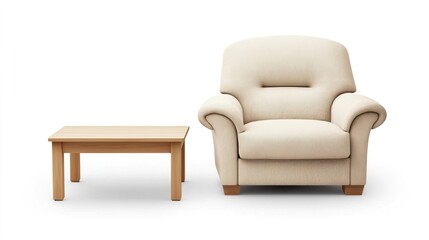 Cozy beige armchair and wooden coffee table in minimalist setting