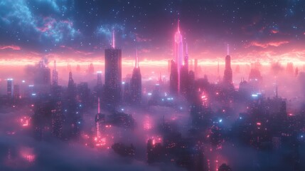 A futuristic cityscape glowing with neon lights in shades of pink, blue, and purple under a starry sky.
