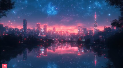 Fototapeta premium A futuristic cityscape glowing with neon lights in shades of pink, blue, and purple under a starry sky.