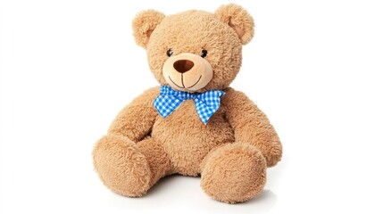 Cute Soft Teddy Bear with Blue Bow Tie on White Background