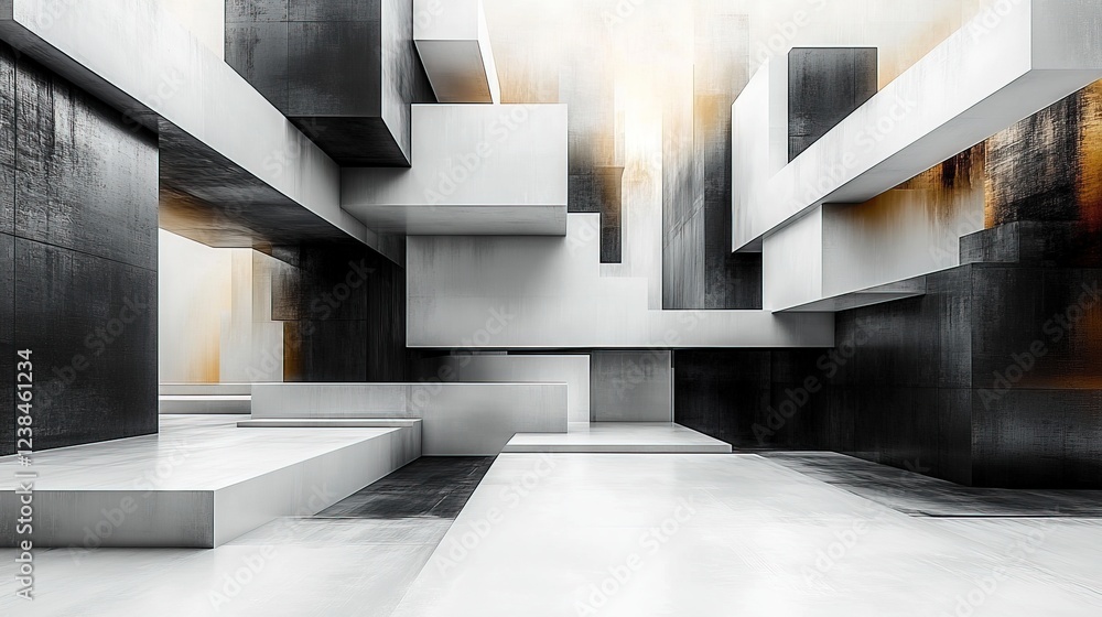Poster abstract geometric building with black and white blocks, and hazy background, for design use