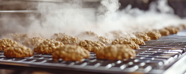 Freshly baked oatmeal cookies cooling on wire rack, releasing steam and inviting aromas. Perfect for cozy treat or dessert