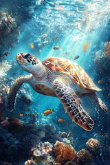 Fototapeta premium Sea turtle painting, Coral reef, Raccoons, Marine life
