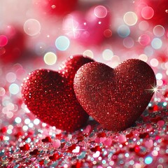 Obraz premium Two glittering red hearts rest on a bed of sparkling pink and red glitter. 