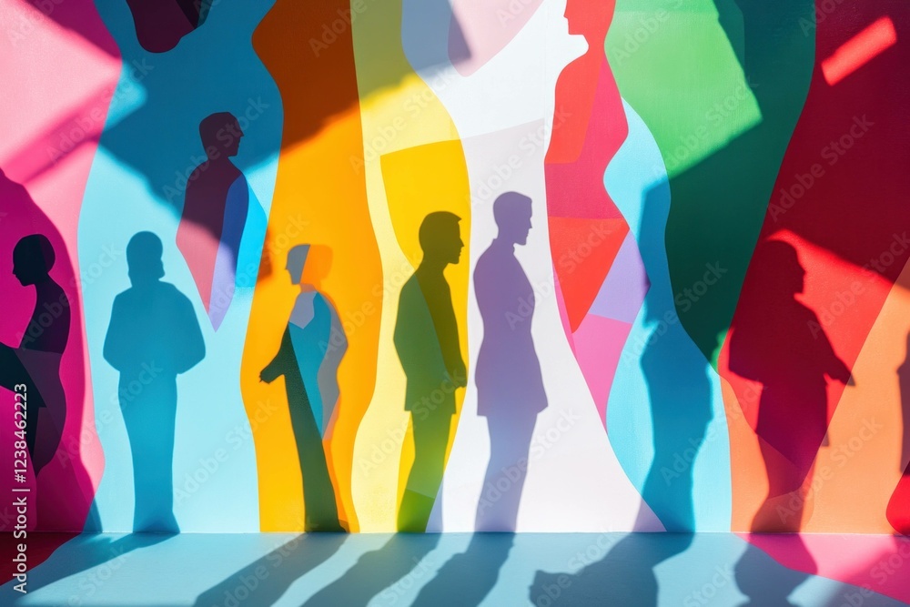 Aufkleber abstract silhouettes of diverse people with colorful shadows creating a vibrant background, represen