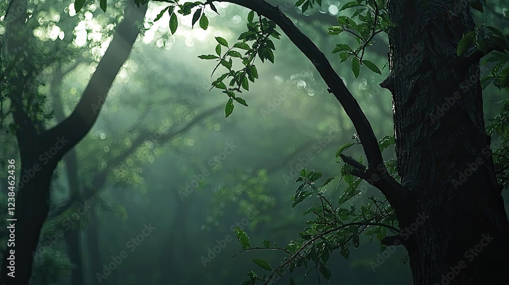 Poster misty forest nature idea. mysterious forest scene with soft light filtering through green foliage an