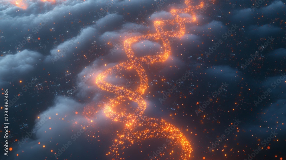 Poster celestial spark: glowing spiral path above cloudscape
