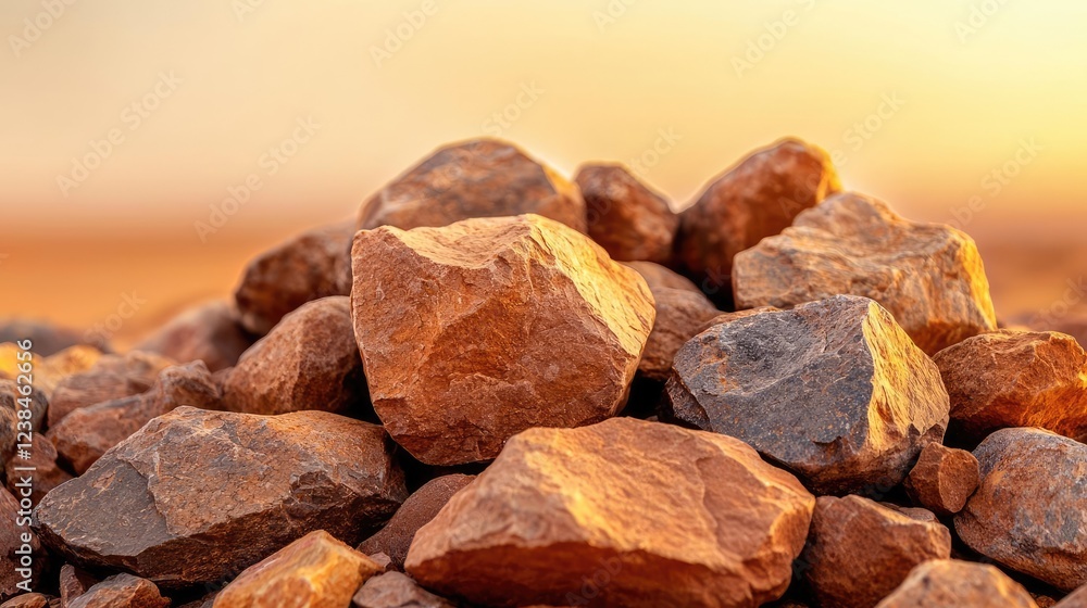 Poster desert landscapes nature idea. a close-up view of a pile of colorful rocks illuminated by golden sun