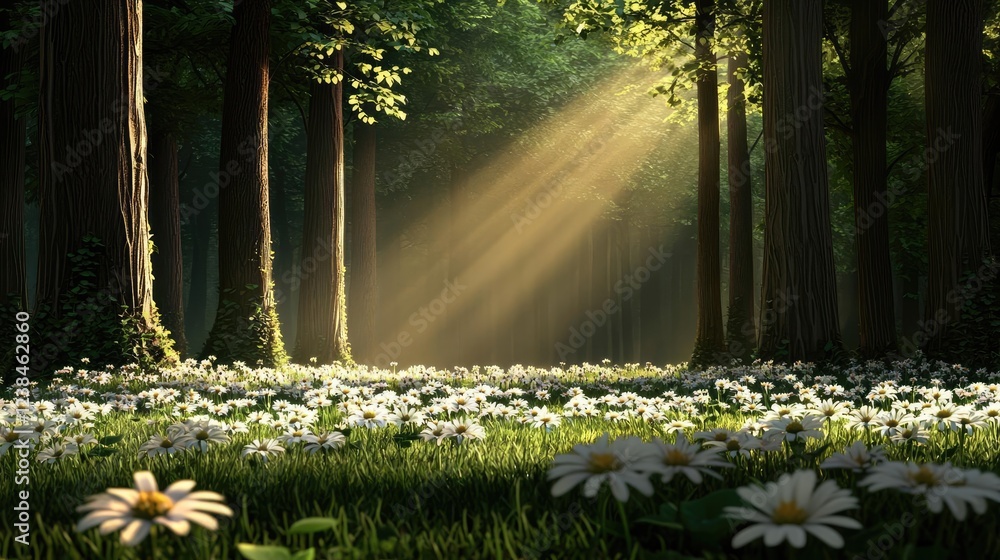 Poster misty forest nature idea. sunlight filters through trees onto a flower-covered forest floor, creatin