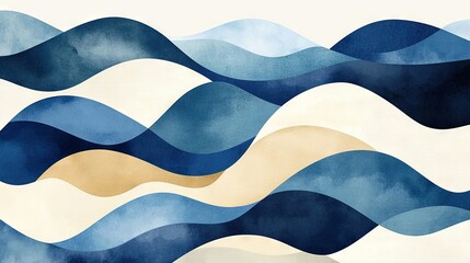   Watercolor painting of blue and white wave with gold stripe