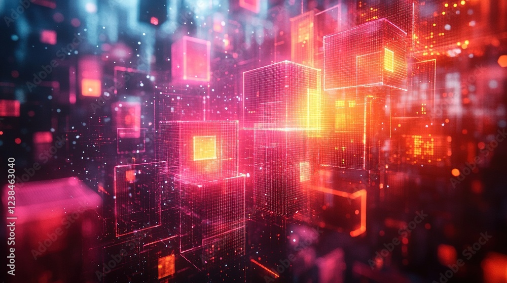 Poster abstract glowing cubes floating with blurred lights, for technology or data visualization