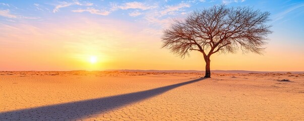 Desert landscapes nature idea. A solitary tree stands against a vibrant sunset in a vast, empty desert landscape.