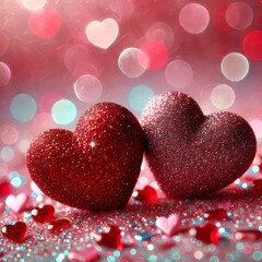 Obraz premium Two glittering red hearts rest on a bed of sparkling pink and red glitter. 